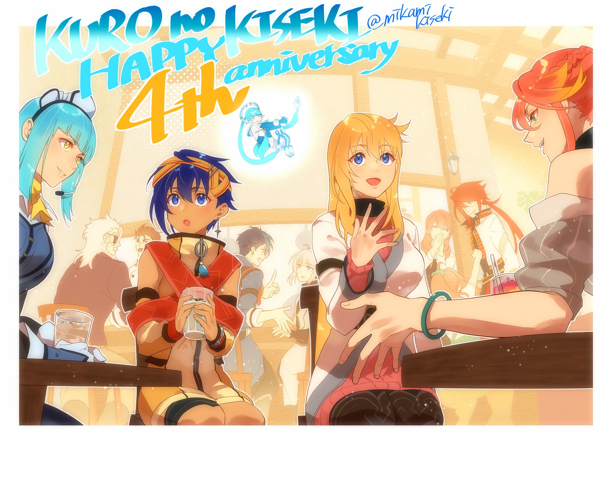 mikamikiseki, aaron wei, agnes claudel, bergard zeman, feri al-fayed, judith lanster, mare (eiyuu densetsu), quatre salision, risette twinings, van arkride, yume (kuro no kiseki), eiyuu densetsu, kuro no kiseki (series), highres, 5boys, 6+girls, anniversary, apron, black hair, blue hair, closed eyes, cup, double-parted bangs, earrings, english text, eyepatch, floating, green eyes, hair between eyes, hairband, happy anniversary, hime cut, holding, holding cup, indoors, jewelry, long hair, maid headdress, mother and daughter, mullet, multicolored hair, multiple boys, multiple girls, open mouth, paulette (kuro no kiseki), pink hair, ponytail, sideburns, sidelocks, single earring, sitting, table, twintails, two-tone hair, white hair, yellow hairband
