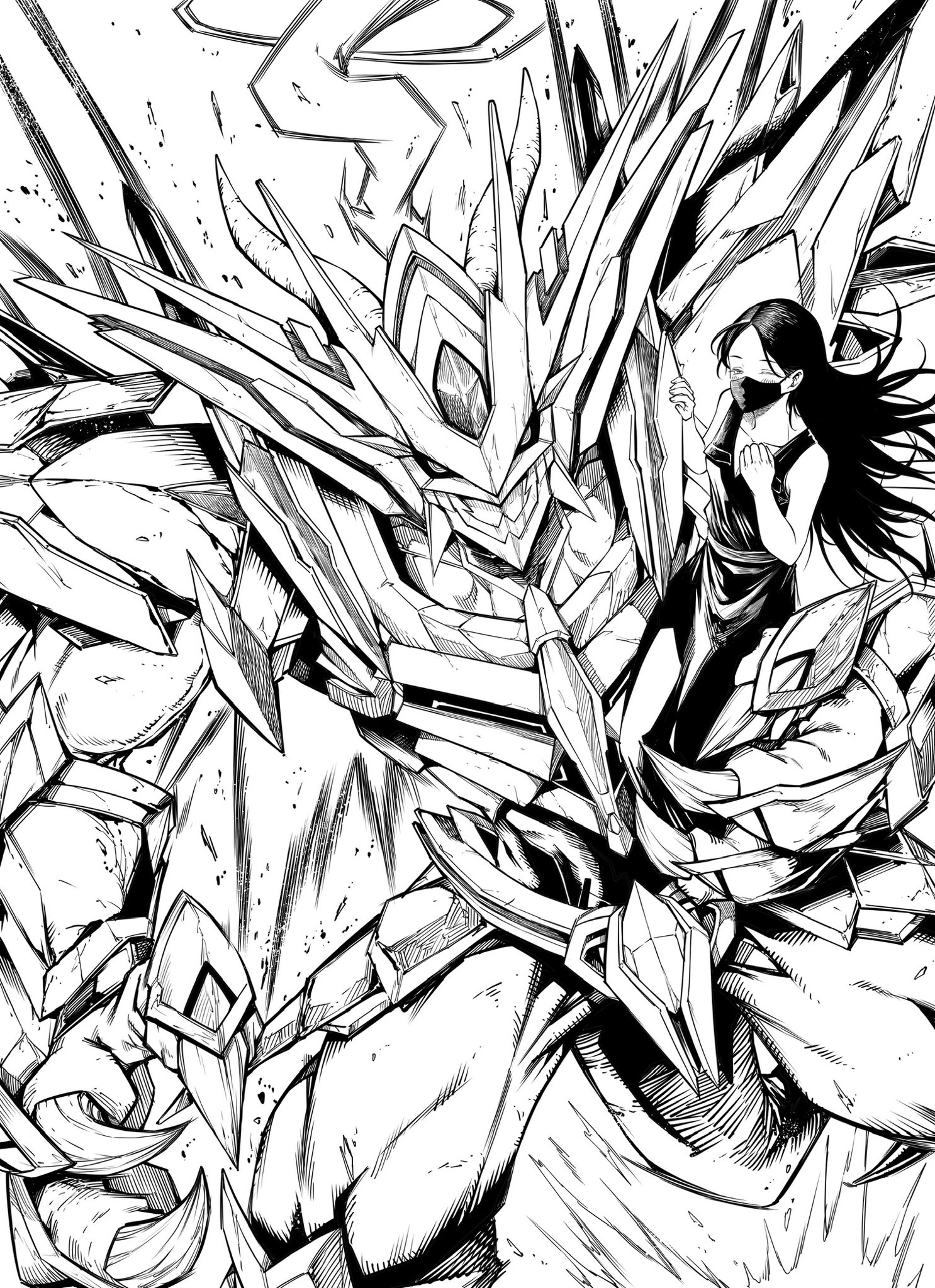 magnamon, magnamon x-antibody, digimon, highres, 1girl, armor, blush, breasts, carrying, carrying person, cleavage, cowboy shot, digimon (creature), dragon, dress, eve7d6, full body, greyscale, helmet, long hair, mask, monochrome, mouth mask
