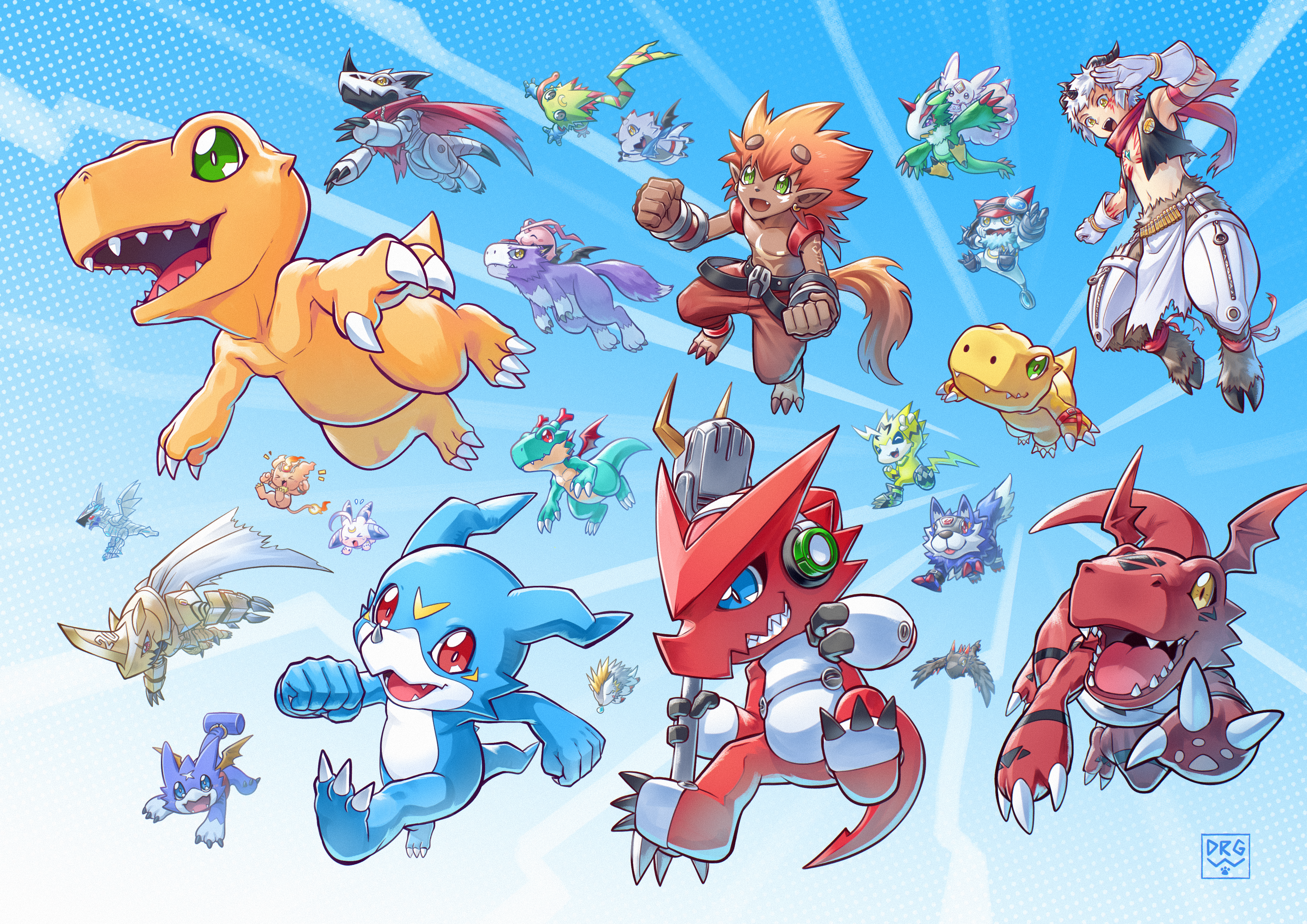 dragonwilbert, slayer dramonz, aegiomon, agumon, agumon (digimon savers), coronamon, dorumon, dracomon, flamon, gammamon, gatchmon, gekkomon, gemmon, guilmon, gumdramon, hackmon (digimon), herissmon, jazamon, loogamon, lunamon, pteromon, pulsemon, shoutmon, tokomon, tokomon x-antibody, v-mon, vorvomon, zubamon, digimon, digimon adventure, digimon adventure 02, digimon beatbreak, digimon card game, digimon frontier, digimon ghost game, digimon linkz, digimon rearise, digimon savers, digimon seekers, digimon story: sunburst and moonlight, digimon story: time stranger, digimon tamers, digimon universe: appli monsters, digimon xros wars, digimon xros wars: toki wo kakeru shounen hunter-tachi, digital monster x-evolution, absurdres, highres, 2boys, animal legs, appmon, bird, black vest, black wings, blue background, blue eyes, body fur, brown fur, chest jewel, cloak, digimon (creature), digimon alysion, dinosaur, dragon, everyone, facial mark, forehead jewel, gecko, green eyes, grey hair, group picture, hedgehog, holding, holding microphone stand, horns, lion, lizard, long tongue, microphone stand, multiple boys, no shirt, non-humanoid robot, rabbit, red cloak, red wings, robot, robot animal, robot bird, simple background, tongue, tongue out, trait connection, vest, watermark, wings, wolf