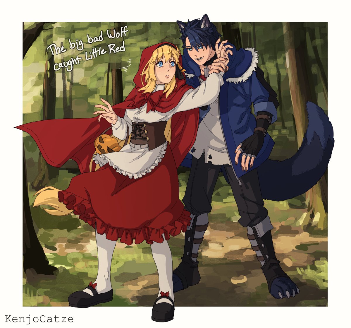 agnes claudel, big bad wolf, little red riding hood (fairy tale character), van arkride, eiyuu densetsu, kuro no kiseki (series), little red riding hood (fairy tale), commentary, english commentary, 1boy, 1girl, animal ears, artist name, basket, big bad wolf (cosplay), black hair, blonde hair, blue eyes, blush, claws, cloak, cosplay, dog tags, double-parted bangs, dress, english text, forest, fur trim, green eyes, hair between eyes, holding, holding another's wrist, hood, hood up, hooded cloak, kenjocatze, little red riding hood (fairy tale character) (cosplay), long hair, low-tied long hair, mary janes, nature, open mouth, outdoors, parted bangs, red hood, shoes, short hair, tail, tree, wolf boy, wolf ears