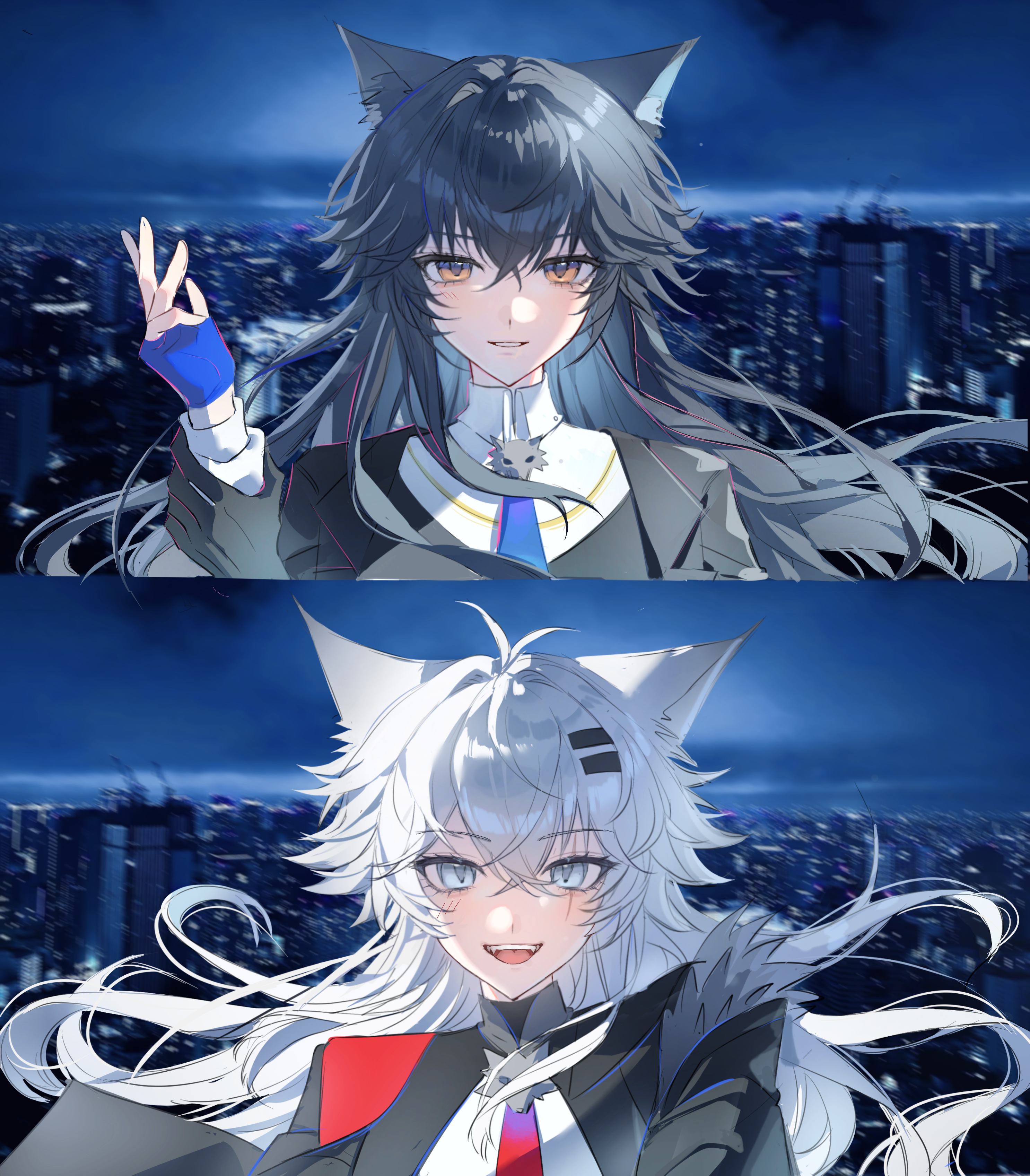 lappland (arknights), lappland the decadenza (arknights), texas (arknights), texas the omertosa (arknights), arknights, absurdres, highres, 2girls, :d, animal ears, arm up, black hair, black jacket, blue gloves, blurry, blurry background, collared shirt, crossed bangs, fingerless gloves, gloves, hair between eyes, hair ornament, hairclip, jacket, light blush, long sleeves, looking at viewer, multiple girls, night, official alternate costume, open mouth, outdoors, photo background, rong binggan, scar, scar across eye, scar on face, shirt, smile, white eyes, white shirt, wolf ears, wolf girl, yellow eyes