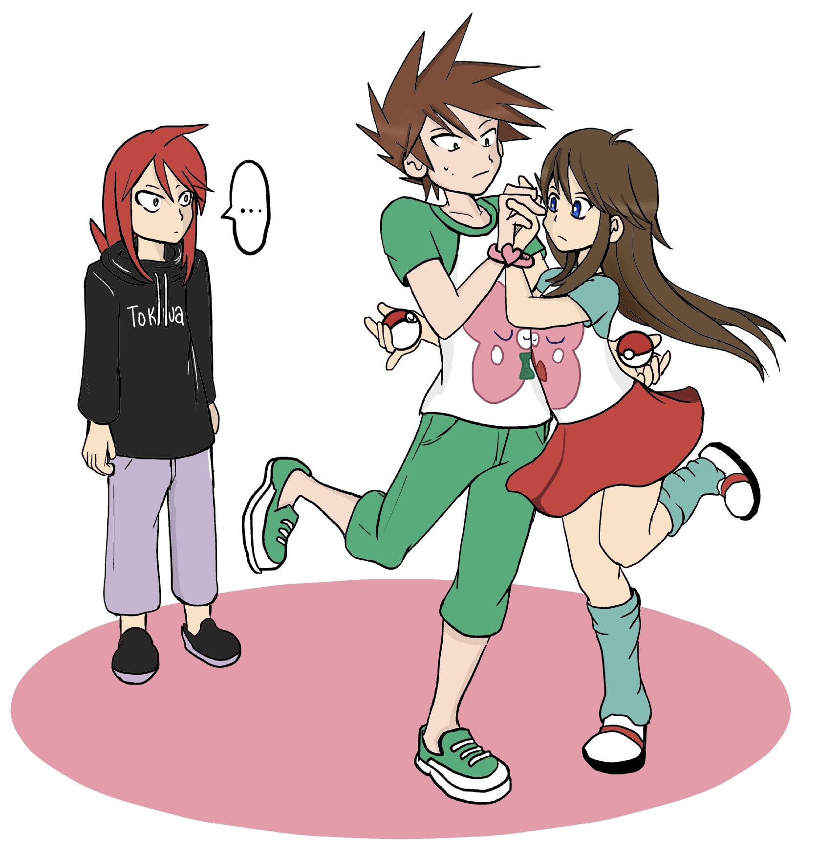 purrrloin, blue oak, green (pokemon), luvdisc, silver (pokemon), young couple (pokemon), nintendo, pokemon, pokemon adventures, highres, …, 1girl, 2boys, ahoge, alternate costume, arms at sides, blue eyes, breasts, brown hair, collarbone, cosplay, couple, eye contact, feet up, floating, full body, gen 3 pokemon, green eyes, hand up, heart bracelet, holding, holding hands, holding poke ball, hood, hoodie, leg warmers, long hair, long sleeves, looking at another, medium breasts, medium hair, miniskirt, multiple boys, neck, nervous, no socks, orange hair, pants, poke ball, pokemon print, print shirt, red hair, shared clothes, shirt, shoes, sidelocks, skirt, sneakers, speech bubble, spiked hair, standing, standing on one leg, surprised, sweatdrop, t-shirt, thighs, white background, wristband