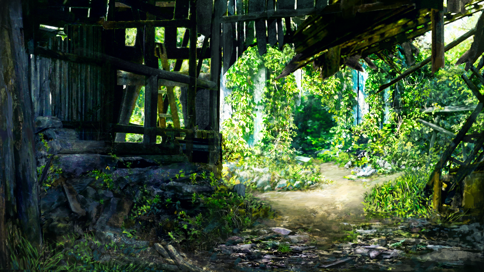 zaq (pgvc4472), original, commentary, highres, day, grass, no humans, overgrown, path, plant, road, ruins, scenery, vines