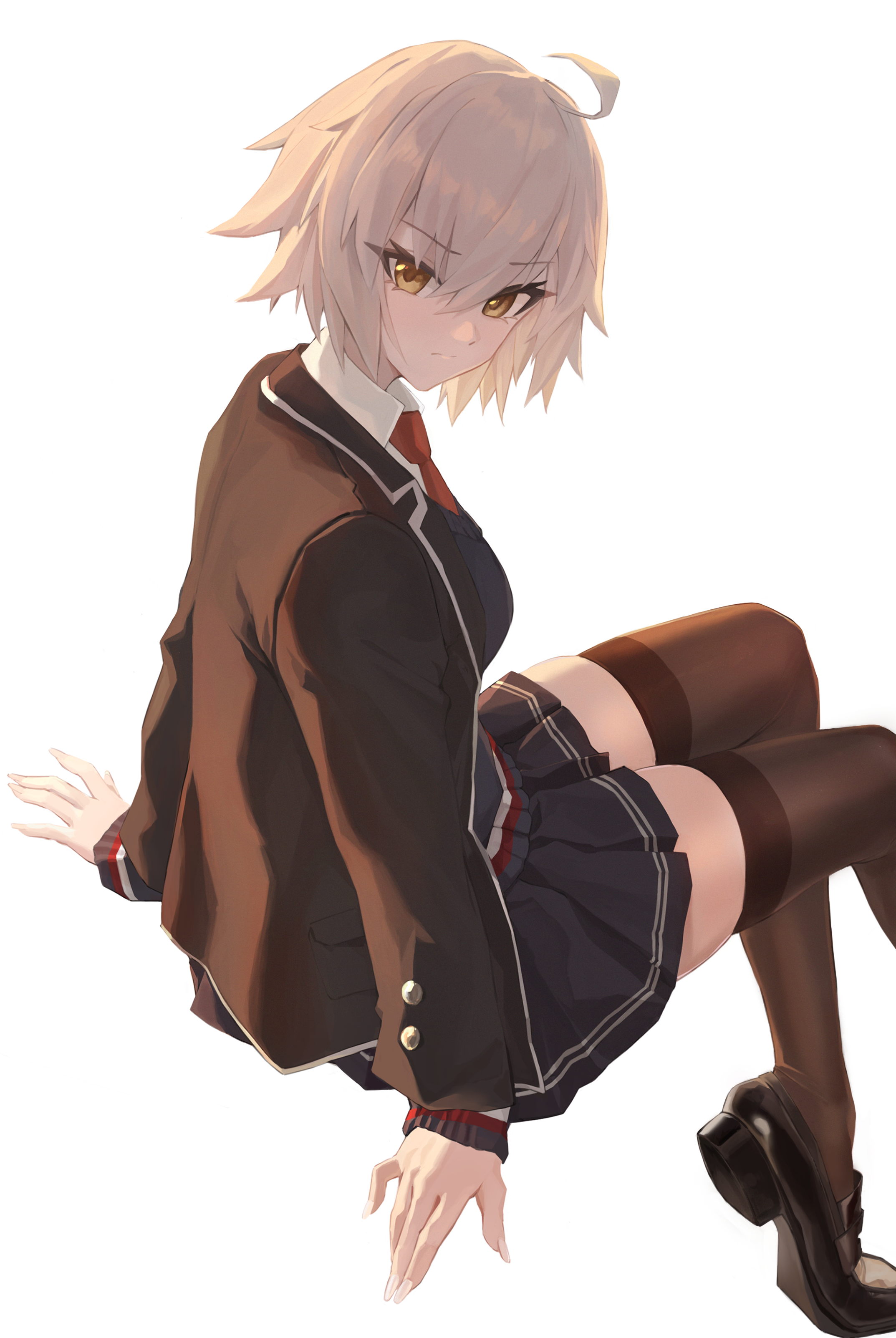 5higure, jeanne d'arc alter (fate), fate/grand order, fate (series), absurdres, commentary request, highres, 1girl, ahoge, black jacket, black shoes, black skirt, black thighhighs, collared shirt, grey hair, hair between eyes, id (fate/grand order), jacket, long sleeves, looking at viewer, necktie, official alternate costume, pleated skirt, pseudo-tokyo school uniform, red necktie, school uniform, shirt, shoes, short hair, simple background, skirt, solo, thighhighs, white background, white shirt, yellow eyes