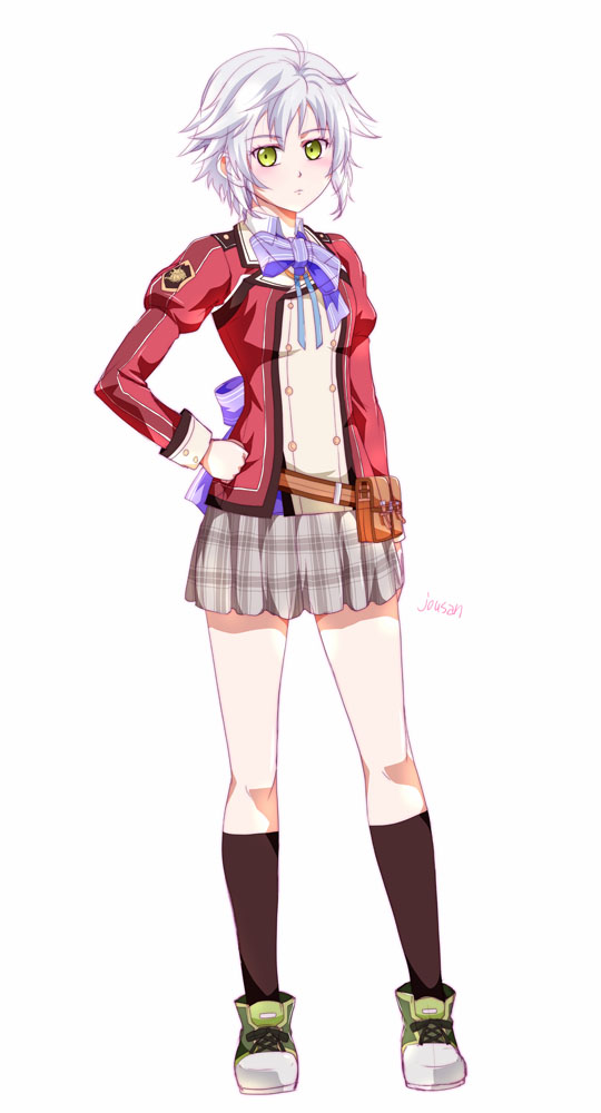 xiacheng tatsuya, fie claussell, eiyuu densetsu, sen no kiseki (series), sen no kiseki i, 1girl, ahoge, artist name, back bow, black socks, bob cut, bow, bowtie, full body, green eyes, hair between eyes, hand on own hip, jacket, long sleeves, looking at viewer, parted bangs, plaid clothes, plaid skirt, pouch, purple bow, school uniform, shoes, short hair, simple background, skirt, sneakers, socks, solo, tachi-e, thors military academy class vii uniform, traditional bowtie, white background, white hair