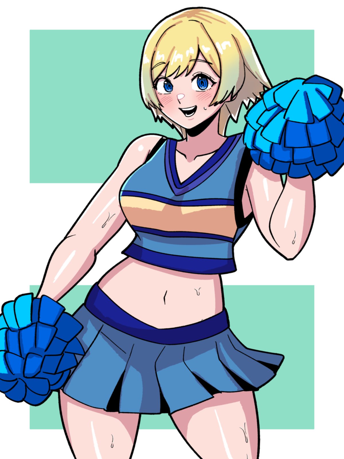 mnejing30, fjorm (fire emblem), fire emblem, fire emblem heroes, nintendo, commentary, commission, highres, ko-fi commission, 1girl, :d, alternate costume, armpits, bare shoulders, blonde hair, blue eyes, blue skirt, blush, breasts, cheerleader, contemporary, medium breasts, midriff, miniskirt, navel, open mouth, pom pom (cheerleading), skirt, smile, solo, stomach, sweat, very sweaty