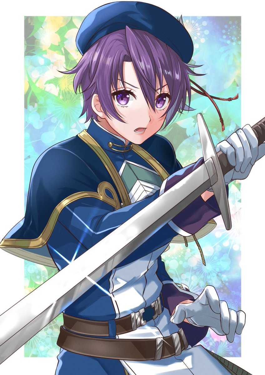runrui kaku, kloe rinz, eiyuu densetsu, sora no kiseki, 1girl, beret, blue hat, capelet, curtained hair, glint, gloves, hair between eyes, hat, holding, holding sword, holding weapon, long sleeves, looking at viewer, military uniform, open mouth, parted bangs, partially shaded face, purple eyes, purple hair, short hair, solo, sword, upper body, weapon, white gloves