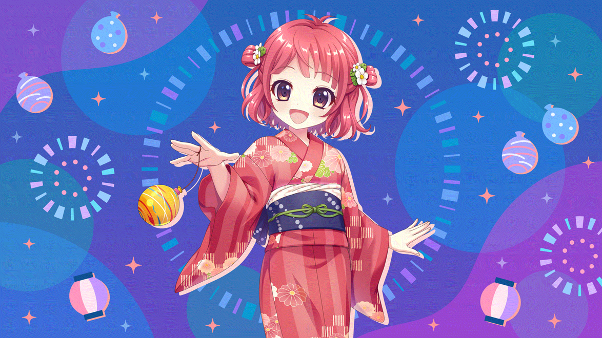 izumi tsubasu, sorano neon, re:stage!, game cg, non-web source, official art, 1girl, :d, antenna hair, blue background, blue sash, brown hair, cowboy shot, daisy (flower), dot nose, film grain, floral print, floral print kimono, flower, hair flower, hair ornament, hand up, japanese clothes, kimono, looking at viewer, obi, open mouth, print kimono, red hair, red kimono, sash, short hair, smile, solo, sparkle background, two side up, water yoyo, white flower, yukata