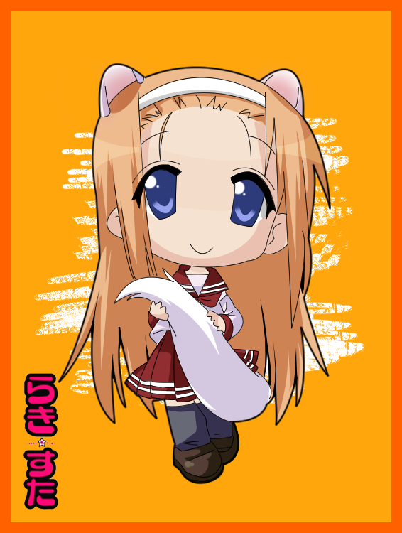 minegishi ayano, lucky star, non-web source, 00s, animal ears, blue eyes, cat ears, cat tail, chibi, hairband, long hair, orange hair, school uniform, serafuku, solo, tail, thighhighs