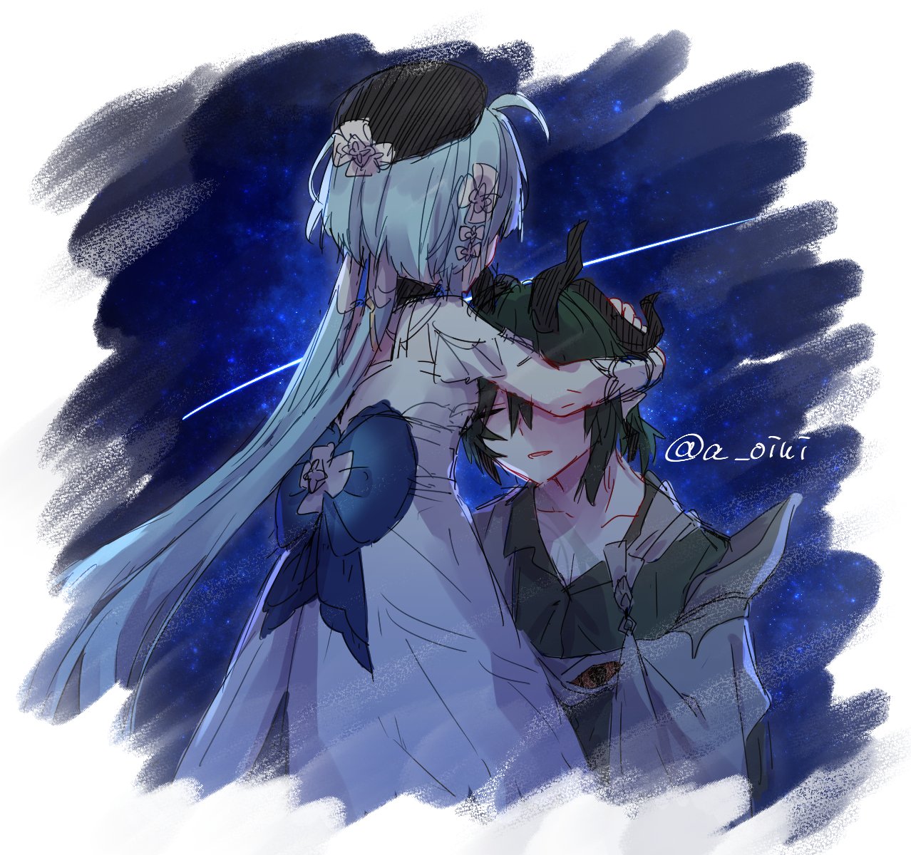 a oiui, griseo, griseo (starry impression), kosma, honkai (series), honkai impact 3rd, highres, 1boy, 1girl, ahoge, beret, blue hair, blue ribbon, closed eyes, dress, flower, green hair, green shirt, hair between eyes, hair flower, hair ornament, hat, horns, hug, long hair, low ponytail, ponytail, ribbon, shirt, star (sky), twitter username, very long hair, white dress