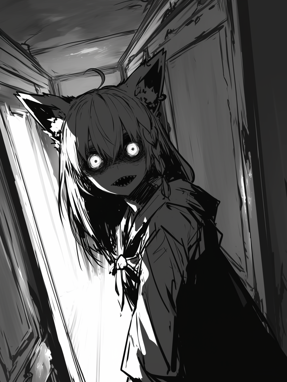 yahiro4516, shirakami fubuki, hololive, highres, 1girl, ahoge, animal ear fluff, animal ears, braid, fox ears, fox girl, glowing, glowing eyes, greyscale, hair between eyes, horror (theme), indoors, long hair, looking at viewer, looking back, monochrome, open mouth, ribbon, sharp teeth, solo, teeth, virtual youtuber