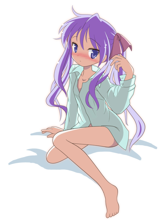 mel (artist), mel (melty pot), hiiragi kagami, lucky star, 00s, 1girl, barefoot, blue eyes, blush, bottomless, dress shirt, female focus, full body, hair ribbon, long hair, naked shirt, purple hair, ribbon, shirt, solo, twintails, white background