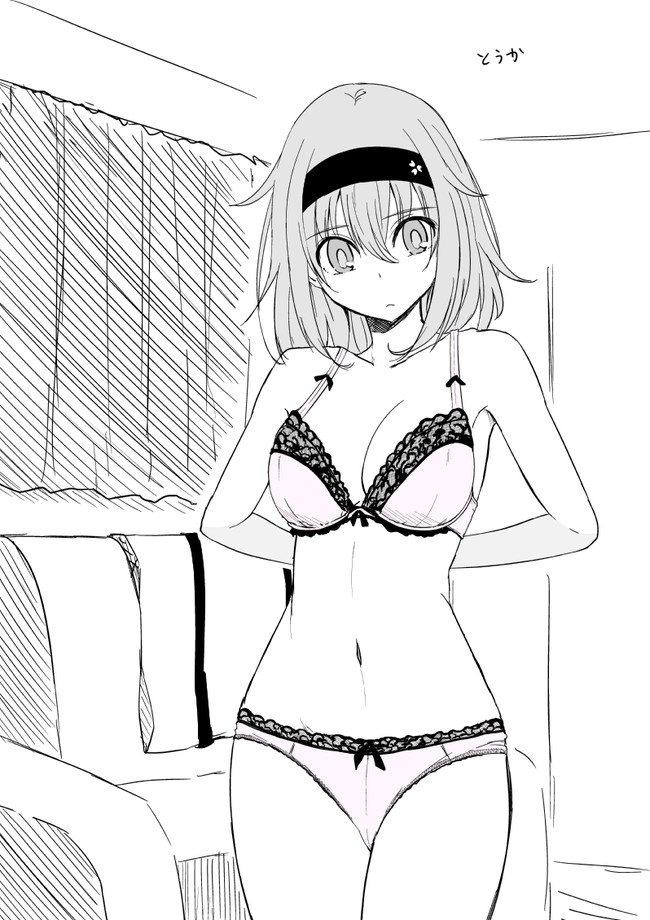 hako roku, 1girl, arm behind back, bare shoulders, bra, breasts, cleavage, closed mouth, collarbone, couch, cowboy shot, curtains, greyscale, hair between eyes, hazakura touka, headband, indoors, kunoichi hajimemashita!, large breasts, looking down, monochrome, navel, panties, short hair, sidelocks, sketch, solo, standing, underwear