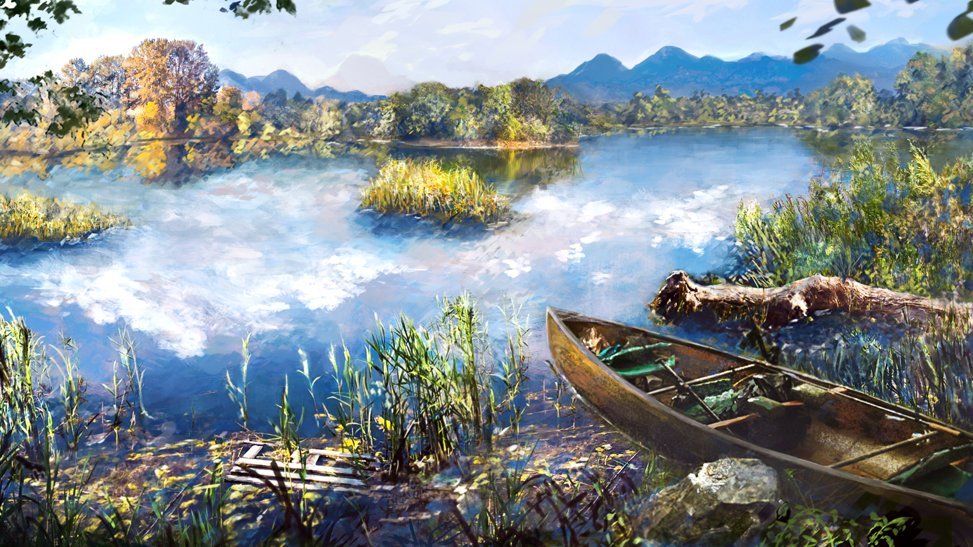zaq (pgvc4472), original, commentary, highres, boat, day, lake, log, mountainous horizon, nature, no humans, outdoors, reflection, reflective water, scenery, sky, water, watercraft