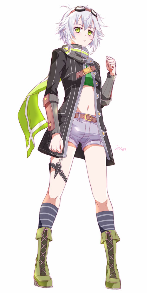 xiacheng tatsuya, fie claussell, eiyuu densetsu, sen no kiseki, sen no kiseki (series), sen no kiseki ii, 1girl, artist name, bob cut, boots, clenched hand, crop top, double-parted bangs, full body, goggles, goggles on head, green eyes, green scarf, hair between eyes, horizontal-striped socks, jacket, looking at viewer, midriff, navel, open clothes, open jacket, scarf, short hair, shorts, simple background, socks, solo, striped clothes, striped socks, tachi-e, white background, white hair
