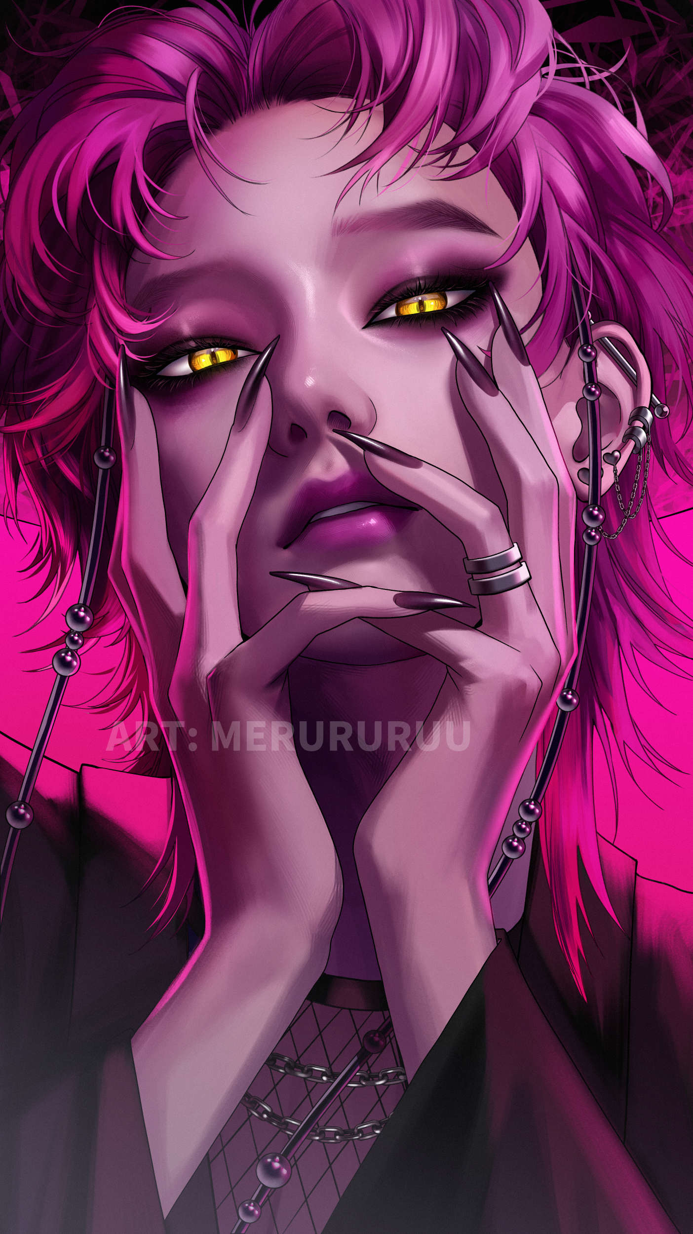 merururuu, romance (kpop demon hunters), kpop demon hunters, absurdres, commentary, english commentary, highres, 1boy, earrings, eyeshadow, fingernails, hands on own face, jewelry, lipstick, looking at viewer, makeup, male focus, nail polish, parted lips, portrait, ring, sharp fingernails, solo, yellow eyes