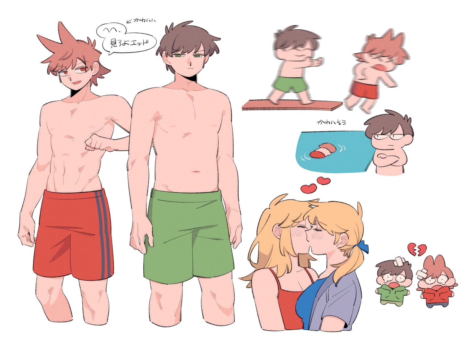 mjsc 10, edd (eddsworld), eddsworld, highres, translation request, 2boys, 2girls, :d, ^ ^, abs, ahoge, alternate eye color, antenna hair, arms at sides, arrow (symbol), bare shoulders, barefoot, blonde hair, blue bow, blue shirt, blurry, bow, breasts, broken heart, brown hair, camisole, chibi, chibi inset, closed eyes, closed mouth, collarbone, cropped legs, cropped torso, crossed arms, diving board, face-to-face, green male swimwear, green swim trunks, grey jacket, hair bow, heart, jacket, katya (eddsworld), kim (eddsworld), kiss, looking at another, looking at viewer, low ponytail, male swimwear, medium hair, multiple boys, multiple girls, navel, open clothes, open jacket, open mouth, ponytail, pushing, red camisole, red male swimwear, red swim trunks, shirt, short-sleeved jacket, short hair, short sleeves, simple background, small breasts, smile, toned, toned male, topless male, tord (eddsworld), u u, v-shaped eyebrows, very short hair, water, white background, x x, yuri