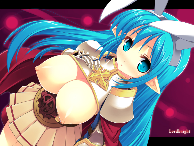 kinoshita ichi, lord knight (ragnarok online), ragnarok online, 1girl, :o, animal ears, armor, blue eyes, blue hair, blush, breasts, breasts out, cape, character name, dutch angle, elf, fake animal ears, female focus, gauntlets, hand on own chest, large breasts, long hair, looking at viewer, matching hair/eyes, nipples, pleated skirt, pointy ears, rabbit ears, skirt, solo