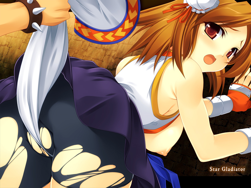 kinoshita ichi, star gladiator (ragnarok), star gladiator (ragnarok online), ragnarok online, 1girl, against wall, ass, bare shoulders, bike shorts, blush, breasts, breasts out, brown eyes, brown hair, bun cover, character name, fingerless gloves, gloves, large breasts, looking at viewer, looking back, male hand, nipples, open mouth, skin tight, spandex, spikes, torn clothes