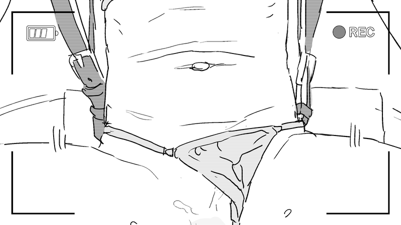 barbarian tk, original, narrow hips, 1girl, backpack, bag, bikini, bikini bottom aside, close-up, clothing aside, flat chest, greyscale, monochrome, motion lines, navel, out of frame, recording, side-tie bikini bottom, solo, speed lines, spread legs, string bikini, swimsuit, viewfinder