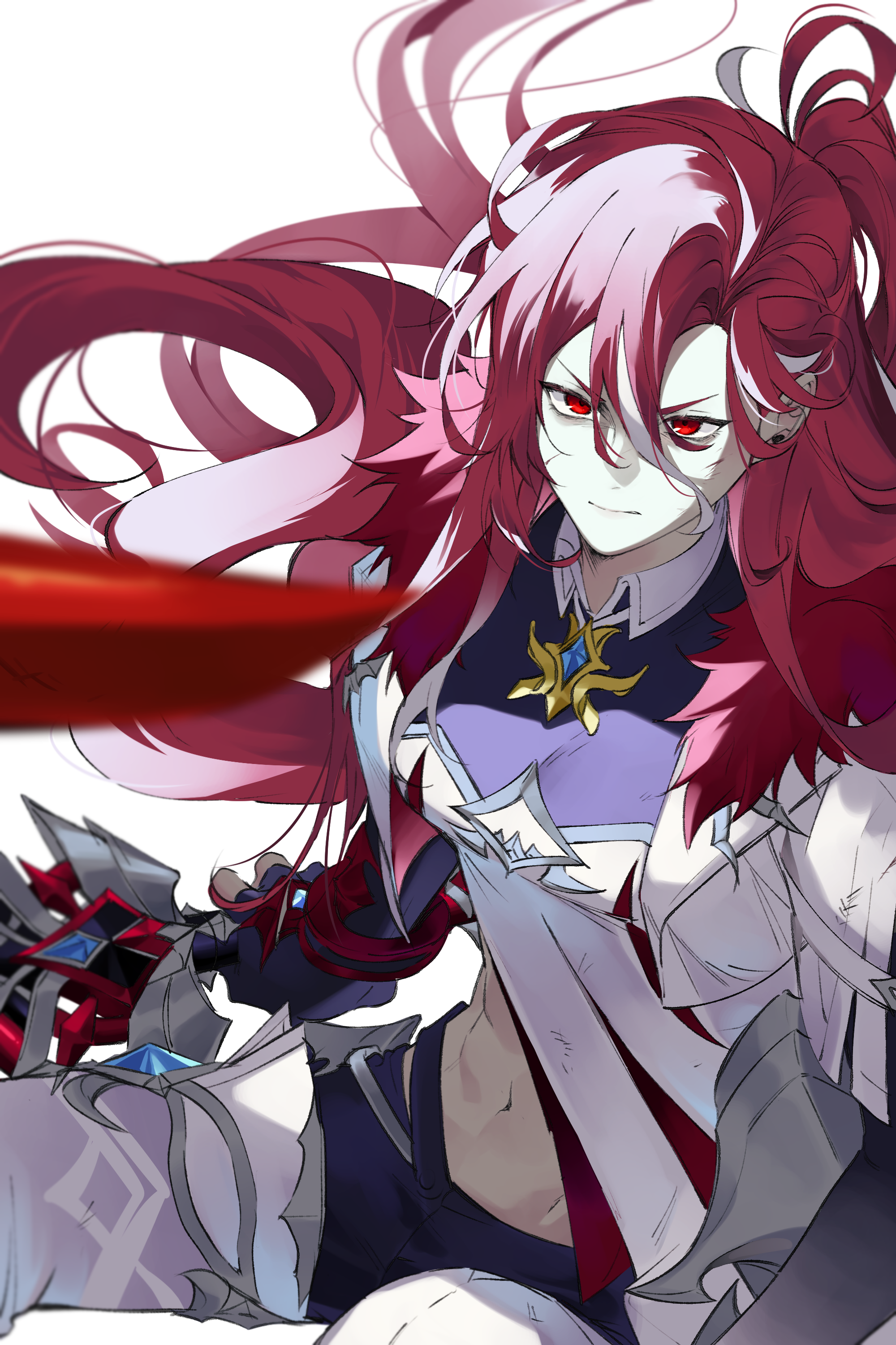 gyoju (0x0), adrestia (elsword), elesis (elsword), elsword, absurdres, commentary, highres, 1girl, abs, black gloves, closed mouth, fingerless gloves, floating hair, gloves, holding, holding sword, holding weapon, long hair, looking at viewer, midriff, multicolored hair, navel, red eyes, red hair, simple background, solo, stomach, streaked hair, sword, very long hair, weapon, white background, white hair