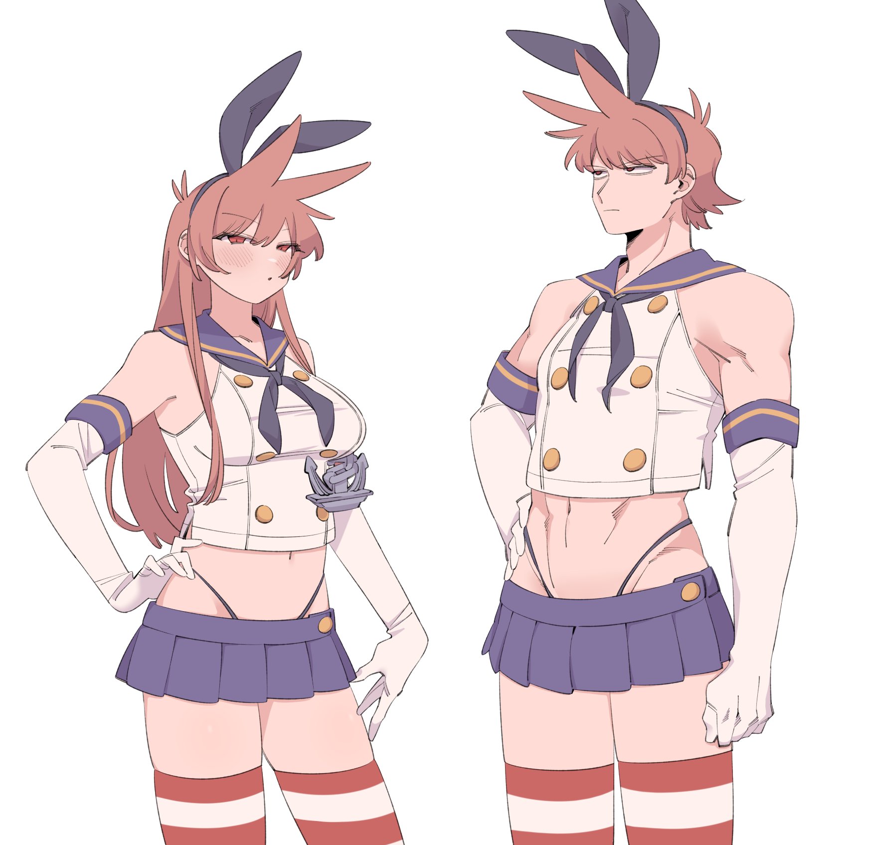 mjsc 10, shimakaze (kancolle), eddsworld, kantai collection, commentary request, highres, 1boy, 1girl, :o, abs, animal ear hairband, animal ears, animification, antenna hair, bare shoulders, biceps, black hairband, black neckerchief, black panties, blue sailor collar, blue skirt, breasts, brown hair, buttons, closed mouth, cosplay, crossdressing, crossdressing (mtf), double-breasted, double-parted bangs, dual persona, elbow gloves, fake animal ears, gloves, gold buttons, hair between eyes, hair horns, hairband, hand on own hip, hand on own thigh, highleg, highleg panties, horizontal-striped thighhighs, long hair, looking ahead, looking at viewer, microskirt, navel, neckerchief, panties, parted lips, pleated skirt, rabbit ear hairband, rabbit ears, red eyes, red thighhighs, sailor collar, shimakaze (kancolle) (cosplay), shirt, short hair, simple background, skindentation, skirt, sleeveless, sleeveless shirt, small breasts, standing, swept bangs, thighhighs, tord (eddsworld), tori (eddsworld), two-tone thighhighs, underwear, v-shaped eyebrows, very long hair, white background, white gloves, white shirt, white thighhighs, zettai ryouiki