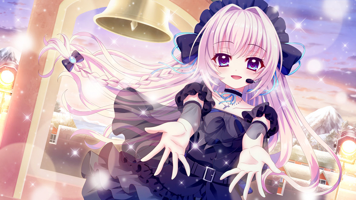 izumi tsubasu, shiratori amaha (re:stage!), re:stage!, game cg, non-web source, official art, 1girl, arch, bell, belt, black belt, black bow, black choker, black dress, black headdress, black skirt, black sleeves, blonde hair, blue eyes, blue gemstone, blue ribbon, blush, bow, braid, building, choker, cloud, collarbone, detached sleeves, dot nose, dress, dutch angle, film grain, gem, hair bow, hair ribbon, headset, house, layered skirt, lens flare, long braid, looking at viewer, mole, mole under each eye, mole under eye, morning, mountain, multiple moles, open mouth, outdoors, outstretched arms, purple sky, ribbon, see-through clothes, see-through sleeves, single braid, skirt, sky, smile, snowing, solo, sparkle, stage lights, town