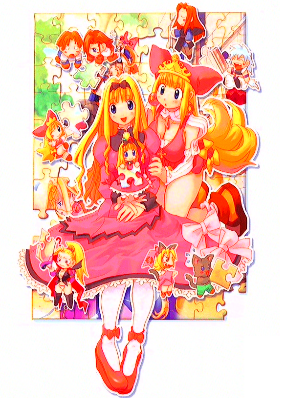 myao, ryoji (nomura ryouji), cherie espoir, cornet espoir, crea rosenqueen, crowdia, gao (marl kingdom), kururu (marl kingdom), marjoly, myao (marl kingdom), nyanko (marl kingdom), princess kururu, little princess, marl kingdom, nippon ichi, puppet princess (marl kingdom), 6+girls, animal ears, blonde hair, blue eyes, blue hair, bow, breasts, brown hair, cat, cat ears, cat tail, chibi, cleavage, dress, fairy, flipped hair, hair bow, hat, large breasts, long hair, medium breasts, multiple girls, pantyhose, pink dress, puzzle, shoes, short hair, smile, socks, tail, wings