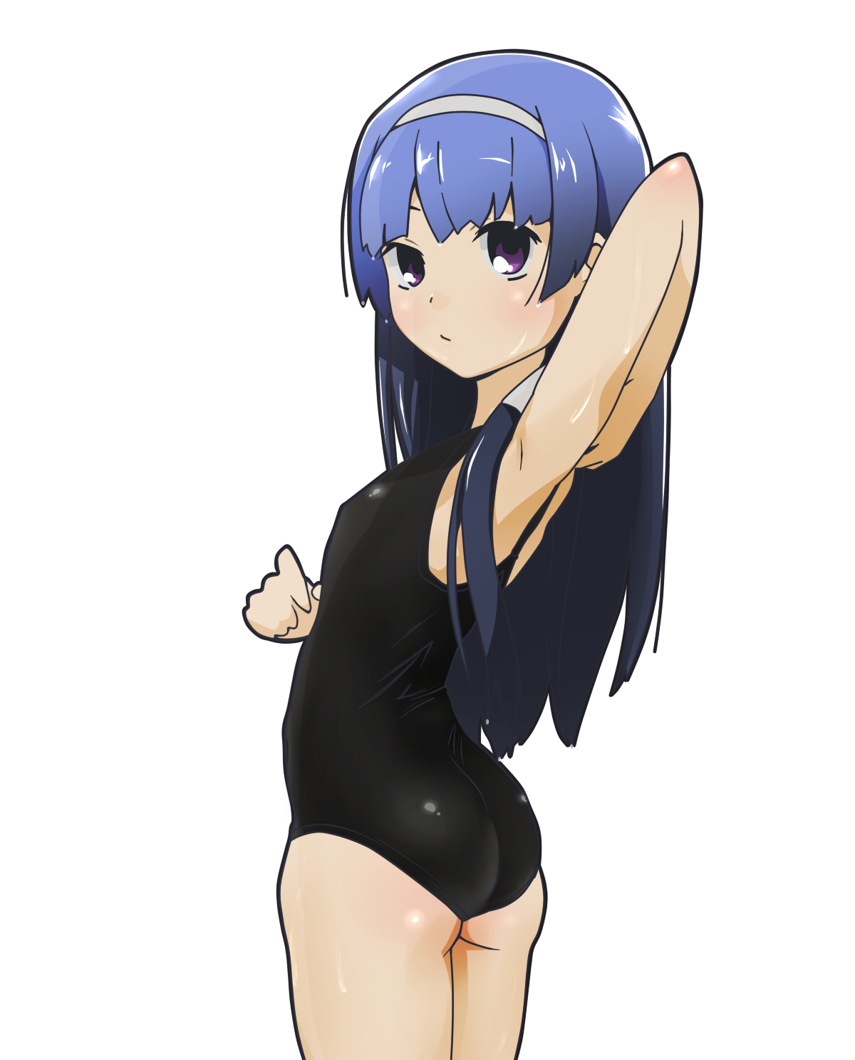 pu-chin, nagi, kannagi, highres, 00s, armpits, ass, blue hair, blunt bangs, flat chest, hairband, long hair, looking back, one-piece swimsuit, purple eyes, solo, swimsuit