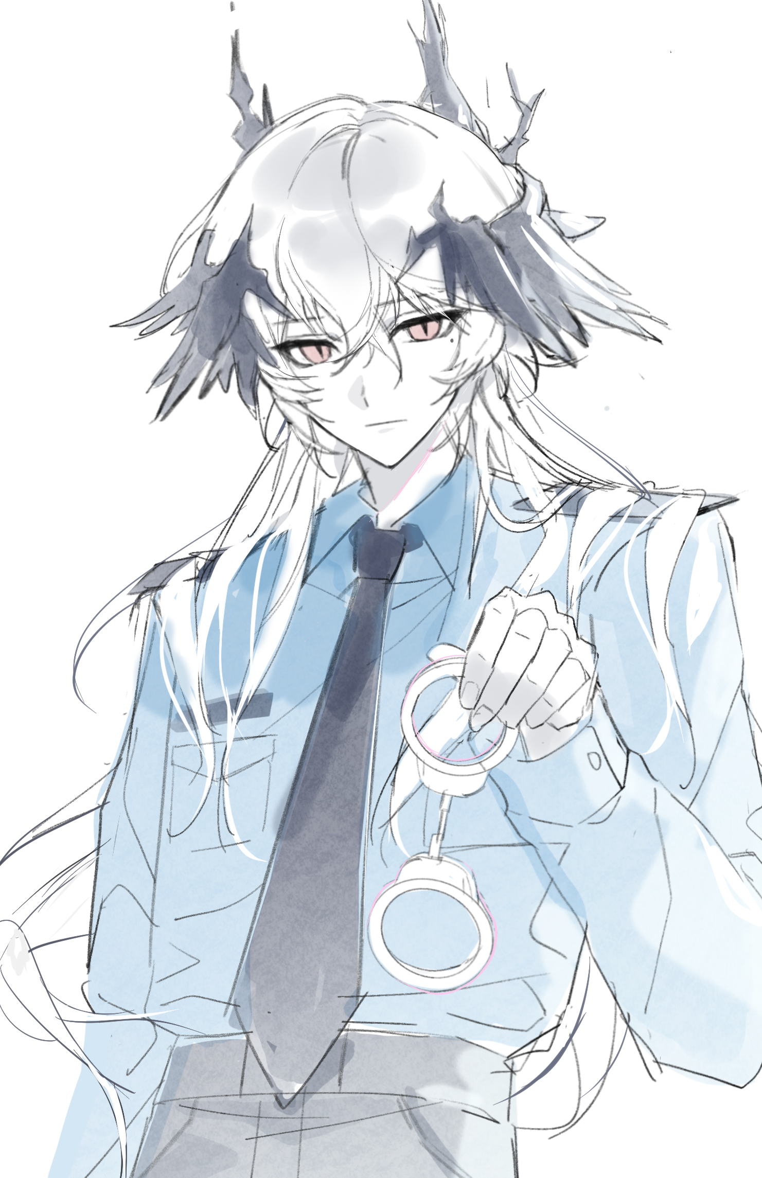logos (arknights), arknights, highres, 1boy, alternate costume, black necktie, blue shirt, closed mouth, collared shirt, colored skin, cuffs, grey hair, hair between eyes, handcuffs, holding, holding handcuffs, long hair, long sleeves, looking at viewer, male focus, mole, mole under eye, multicolored hair, necktie, pale color, pink eyes, police, police uniform, policeman, rong binggan, shirt, shirt tucked in, sketch, solo, streaked hair, white hair, white skin