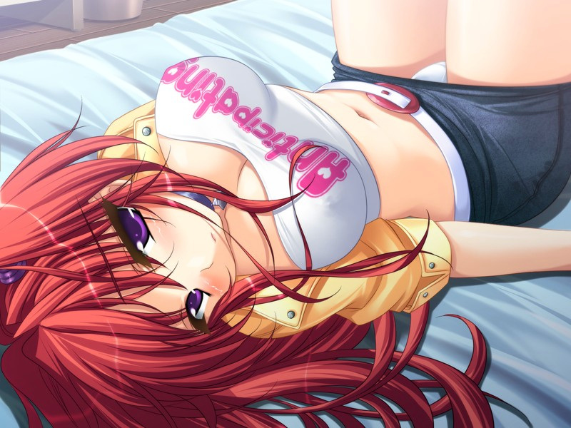 emily (pure dream), asahina rinka, downhill night 2, moero downhill night, moero downhill night (series), moero downhill night 2, game cg, 1girl, bed, breasts, choker, covered erect nipples, female focus, lying, navel, panties, pantyshot, purple eyes, red hair, skirt, solo, twintails, underwear, upskirt, white panties