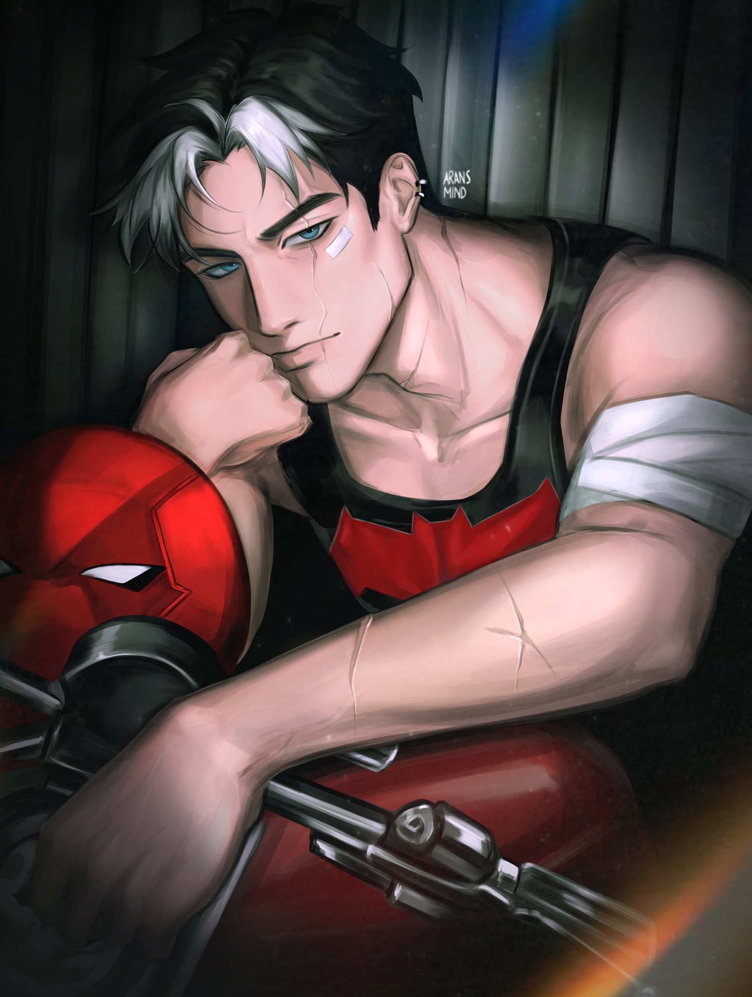 jason todd, red hood (dc), batman (series), dc comics, highres, 1boy, aransmind, bat signal, batman symbol, black hair, black tank top, blue eyes, collarbone, male focus, mask, multicolored hair, muscular, muscular male, red hood and the outlaws, red mask, scar, scar on face, short hair, tank top