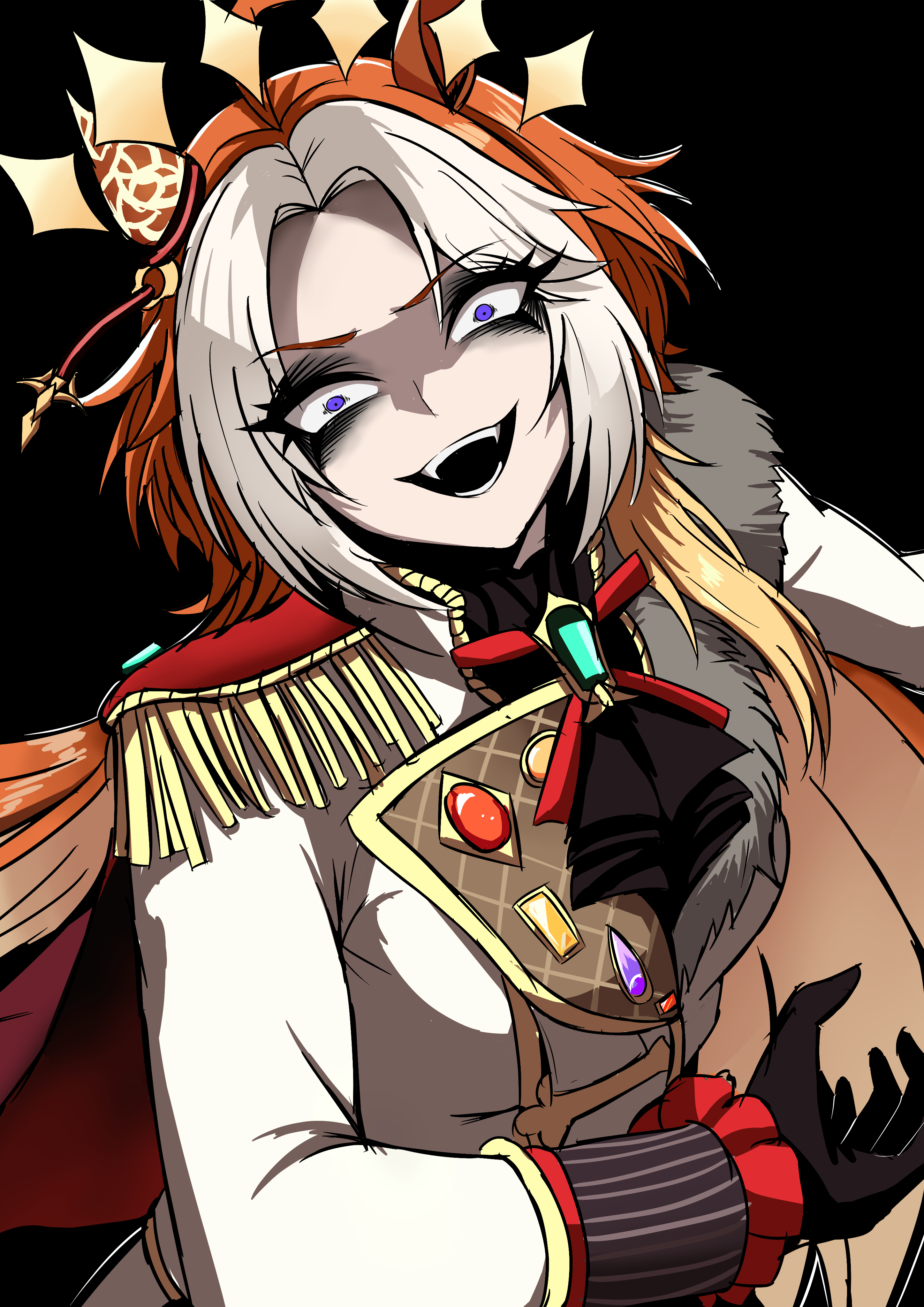 nagainegi, orfevre (control) (umamusume), orfevre (umamusume), umamusume, absurdres, commentary, highres, 1girl, animal ears, bags under eyes, bow, breasts, ear bow, ear covers, heart ear ornament, horse ears, horse girl, long hair, looking at viewer, multicolored hair, open mouth, smile, solo, striped hat