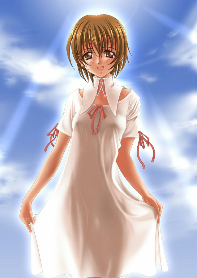 1girl, backlighting, brown eyes, brown hair, cloud, day, dress, female focus, see-through clothes, sky, solo, white dress