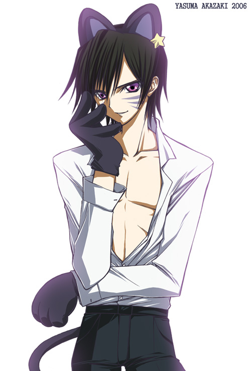 akazaki yasuma, lelouch vi britannia, code geass, 00s, 1boy, animal ears, black hair, cat boy, cat ears, male focus, open clothes, open shirt, purple eyes, shirt, short hair, solo