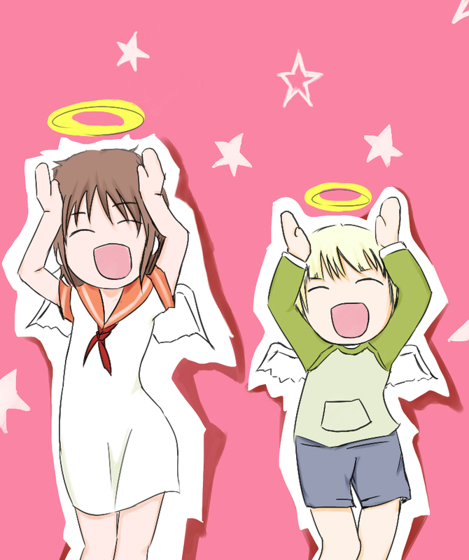 pekehiko, kuu (haibane renmei), rakka (haibane renmei), haibane renmei, md5 mismatch, resolution mismatch, source larger, 00s, 2girls, caramelldansen, halo, multiple girls, sailor collar, school uniform, short hair, static cling, wings