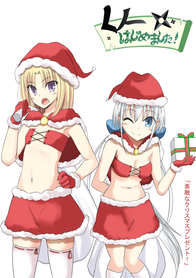 hako roku, commentary request, translation request, 2girls, bikini, blonde hair, blue eyes, blush, bow, box, breasts, capelet, christmas, cleavage, closed mouth, collarbone, cowboy shot, fang, flat chest, fur-trimmed capelet, fur-trimmed gloves, fur-trimmed headwear, fur trim, gift, gift box, gloves, hair between eyes, hat, holding, holding sack, kanagiri kaname, kunoichi hajimemashita!, long hair, looking at viewer, medium breasts, medium hair, merry christmas, multiple girls, navel, one side up, open mouth, parted bangs, purple eyes, red capelet, red gloves, red hat, sack, santa bikini, santa costume, santa hat, shirayuki mashiro (kunoichi hajimemashita!), sidelocks, simple background, skirt, smile, standing, swimsuit, thighhighs, tsurime, very long hair, white background, white hair, white thighhighs