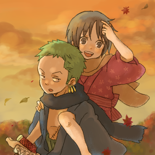 yukke, roronoa zoro, shimotsuki kuina, one piece, 1boy, 1girl, aged down, autumn leaves, barefoot, brown eyes, carrying, child, earrings, fall, friends, ghost, green hair, haramaki, japanese clothes, jewelry, kimono, leaf, piggyback, riding, scar, scarf, standing, sword, time paradox, wado ichimonji, weapon