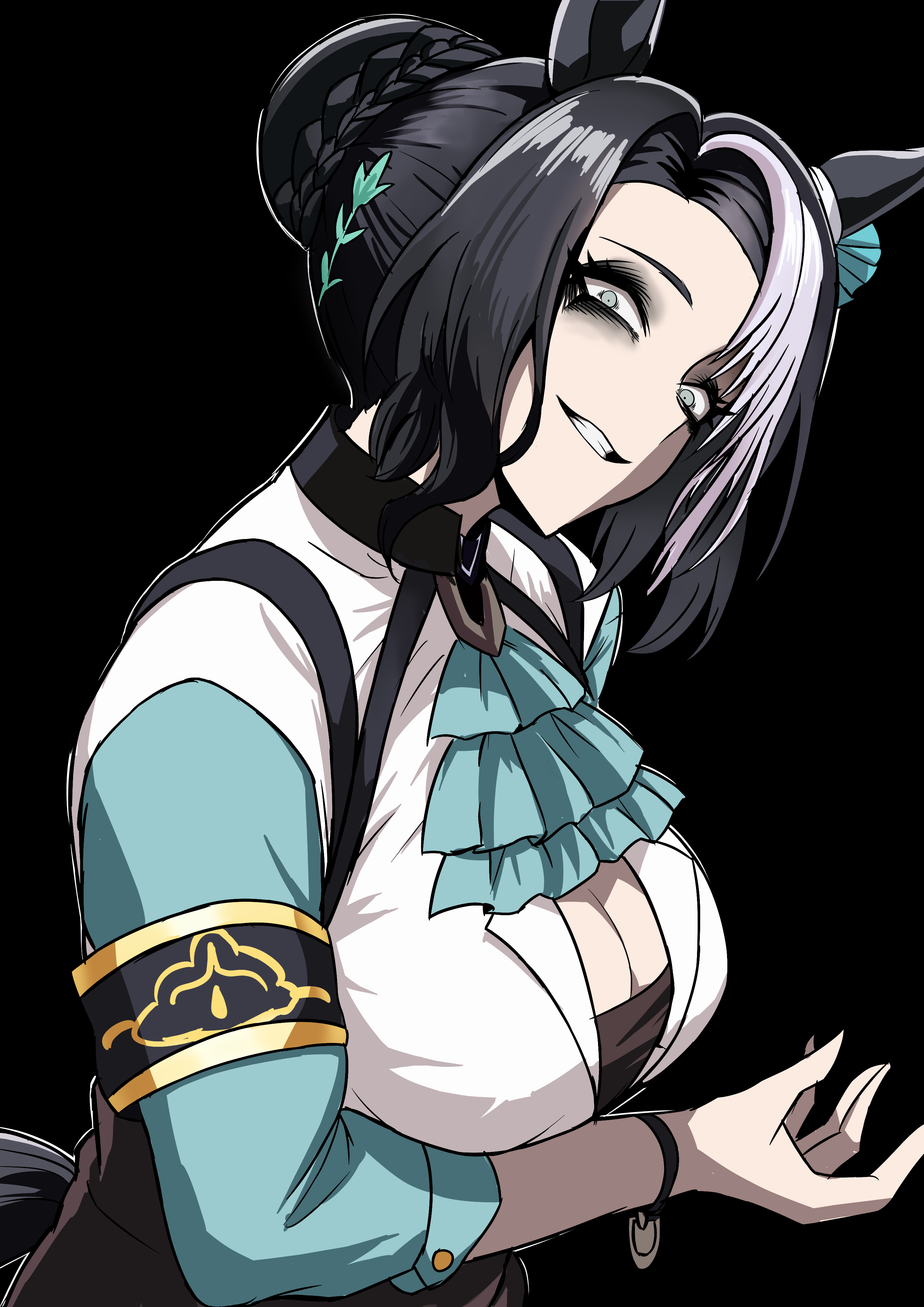 nagainegi, mejiro ramonu (onyx line) (umamusume), mejiro ramonu (umamusume), umamusume, absurdres, commentary request, highres, 1girl, ||/, animal ears, aqua ascot, ascot, bags under eyes, black hair, braid, braided bun, breasts, cleavage, ear ornament, hair bun, horse ears, horse girl, horse tail, jacket, long hair, long sleeves, looking at viewer, mole, mole under eye, multicolored hair, purple eyes, school uniform, shirt, smile, solo, streaked hair, tail, tracen school uniform, tracen training uniform, white hair