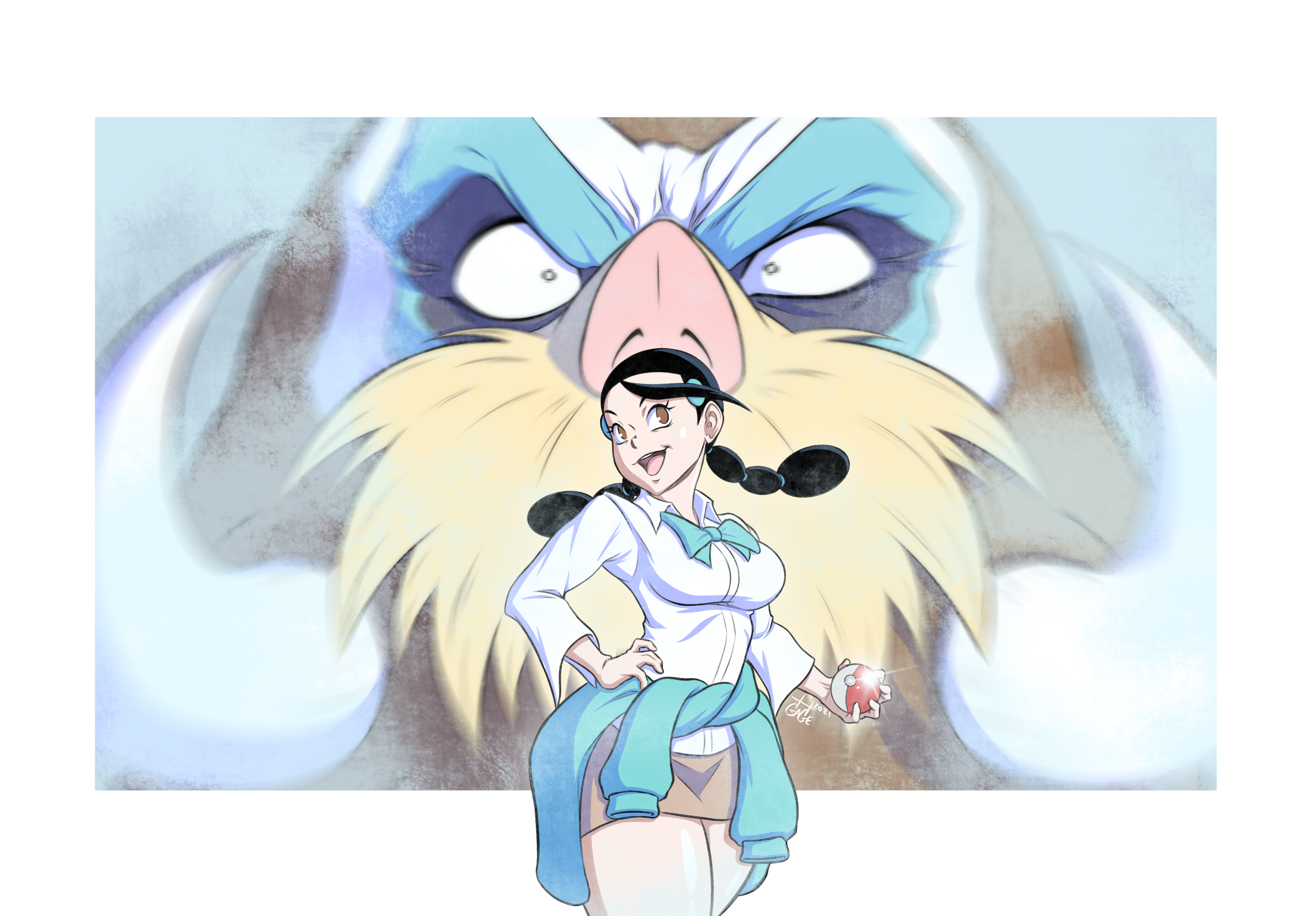 gage 199x, candice (pokemon), mamoswine, nintendo, pokemon, pokemon dppt, absurdres, highres, 1girl, black hair, breasts, clothes around waist, collared shirt, cowboy shot, gen 4 pokemon, hand on own hip, holding, holding poke ball, looking at viewer, poke ball, poke ball (basic), pokemon (creature), shirt, sparkle, sweater, sweater around waist, white shirt
