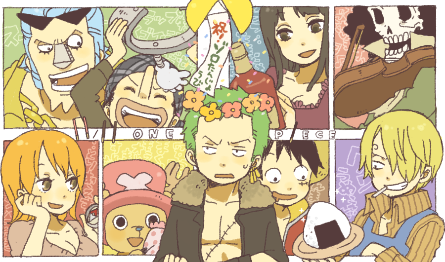 yukke, brook (one piece), franky (one piece), monkey d. luffy, nami (one piece), nico robin, roronoa zoro, sanji (one piece), tony tony chopper, usopp, one piece, 2girls, 6+boys, afro, apron, black hair, blonde hair, blue hair, bottle, breasts, chain, chain necklace, cigarette, cleavage, compass, copyright name, crossed arms, earrings, everyone, eyelashes, eyewear on head, flower, food, gift, green hair, hair over one eye, hand on own face, hat, instrument, jewelry, laughing, lips, long nose, multiple boys, multiple girls, necklace, onigiri, open clothes, open shirt, orange hair, pink hat, scar, shirt, short hair, skeleton, smile, smoking, straw hat, striped clothes, striped shirt, sunglasses, upper body, violin, wreath