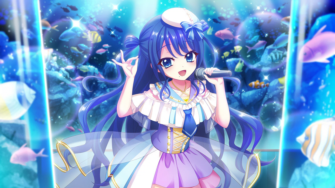 izumi tsubasu, re:stage!, fish request, game cg, non-web source, official art, 1girl, :d, aquarium, beret, blue bow, blue corset, blue eyes, blue hair, blue necktie, blue sailor collar, blue skirt, blurry, blurry foreground, bow, clownfish, collarbone, corset, cowboy shot, dot nose, film grain, fish, frilled sailor collar, frills, futaba shiho, hands up, hat, hat bow, holding, holding microphone, idol, idol clothes, layered skirt, lens flare, long hair, looking at viewer, microphone, mole, mole under mouth, multicolored skirt, necktie, ok sign, open mouth, pink skirt, purple corset, purple skirt, sailor collar, see-through skirt layer, skirt, smile, solo, sparkle, tilted headwear, two-tone corset, two side up, very long hair, white hat, white skirt