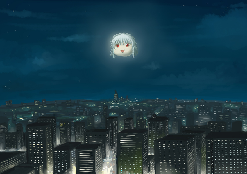mizuno (miznon35), izayoi sakuya, touhou, 1girl, city, cityscape, female focus, gradient background, night, outdoors, scenery, sky, solo, yukkuri shiteitte ne