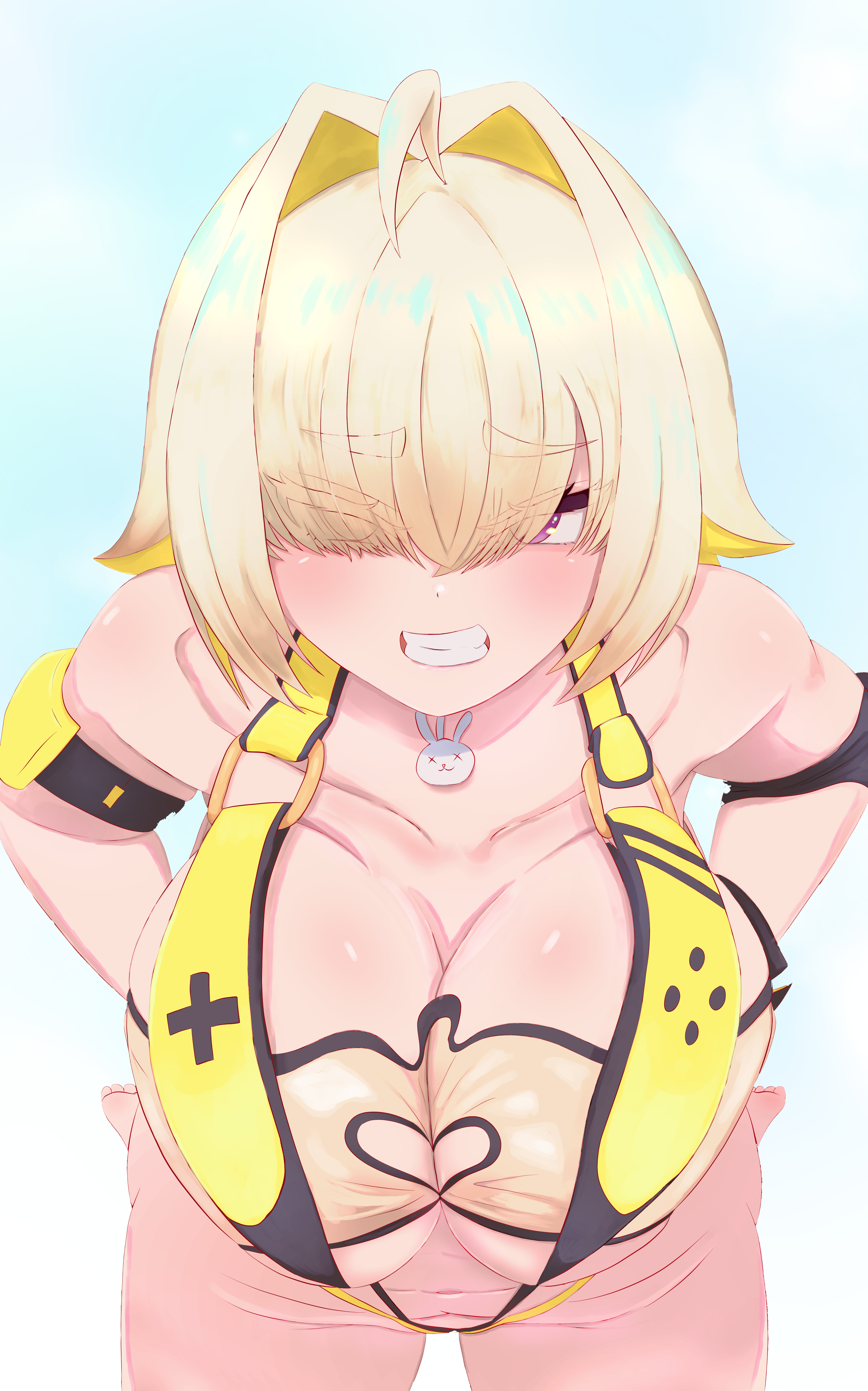 nama sirasu, elegg (boom and shock) (nikke), elegg (nikke), goddess of victory: nikke, absurdres, highres, 1girl, animal ears, blonde hair, breasts, hair intakes, short hair, slingshot swimsuit, swimsuit, yellow slingshot swimsuit