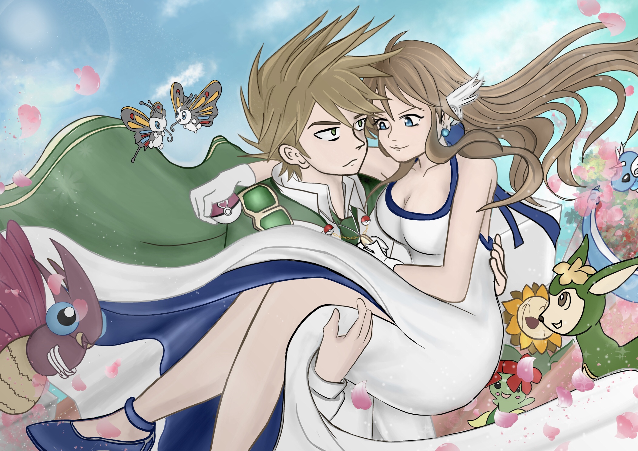 purrrloin, beautifly, bellossom, blue oak, deerling, dragonair, green (pokemon), sunflora, venomoth, nintendo, pokemon, pokemon adventures, highres, 1boy, 1girl, ahoge, alternate costume, arm on another's shoulder, armpit crease, bare shoulders, blue eyes, breasts, brown hair, capelet, carrying, cleavage, collarbone, couple, dress, earrings, expressionless, falling petals, feather hair ornament, floating hair, gen 1 pokemon, gen 2 pokemon, gen 3 pokemon, gen 5 pokemon, gloves, goggles, goggles around neck, green eyes, hair ornament, high heels, knees, legs, lifting person, long hair, long sleeves, looking at another, love ball, medium breasts, no socks, orange hair, outdoors, parted lips, petals, poke ball, pokemon (creature), princess carry, side slit, sidelocks, size difference, sky, sleeveless, sleeveless dress, smirk, sphere earrings, spiked hair, standing, sunlight, v-shaped eyebrows, white dress, white gloves