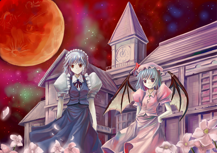 mizuno (miznon35), izayoi sakuya, remilia scarlet, touhou, 2girls, female focus, flower, hat, maid, moon, multiple girls, nature, night, outdoors, plant, red moon, scarlet devil mansion, skirt, sky