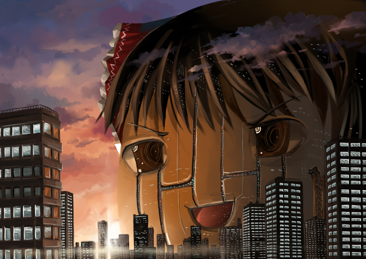 mizuno (miznon35), hakurei reimu, touhou, building, city, cloud, cloudy sky, female focus, no humans, outdoors, sky, sunlight, sunset, what, yukkuri shiteitte ne
