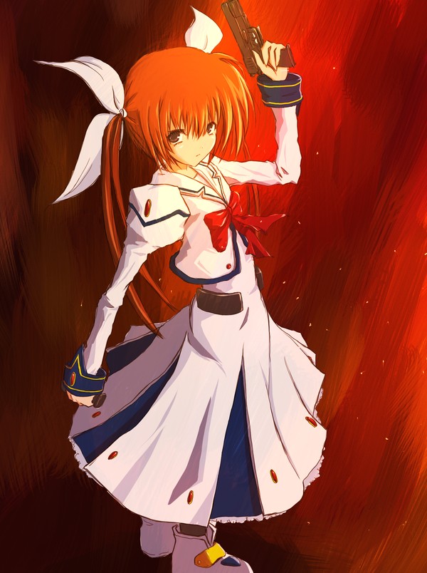 takamachi nanoha, takamachi nanoha (original mode), lyrical nanoha, mahou shoujo lyrical nanoha, 00s, 1girl, bow, female focus, gun, handgun, left-handed, magazine (weapon), magical girl, pistol, red bow, skirt, solo, trigger discipline, twintails, weapon, white devil