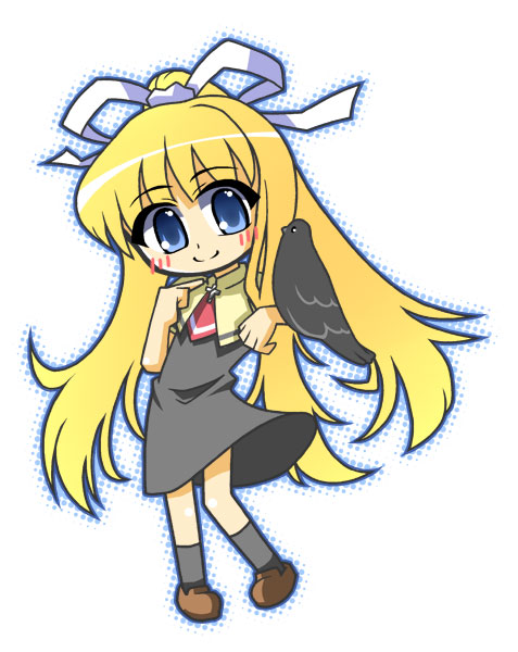 kamio misuzu, sora (air), air (visual novel), 00s, 1girl, animal on arm, bird, bird on arm, blonde hair, blue eyes, crow, female focus, hair ribbon, long hair, ribbon, school uniform, solo, very long hair