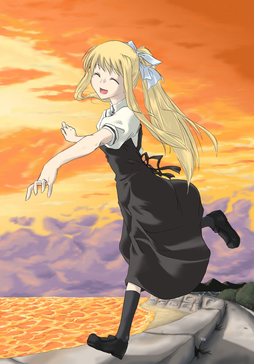 kamio misuzu, air (visual novel), 00s, blonde hair, hair ribbon, long hair, ocean, ponytail, ribbon, school uniform, solo, very long hair